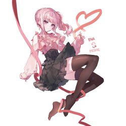 Rule 34 | 1other, adorabilis, akiyama mizuki, black skirt, brown thighhighs, closed mouth, cosplay, frilled skirt, frills, full body, heart, heart of string, high-waist skirt, highres, long hair, long sleeves, pink eyes, pink hair, pink ribbon, pink shirt, project sekai, puffy long sleeves, puffy sleeves, ribbon, shinonome ena, shinonome ena (cosplay), shirt, side ponytail, sidelocks, simple background, skirt, smile, solo, thighhighs, white background