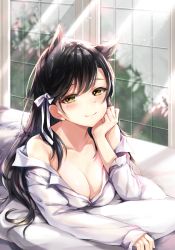 Rule 34 | 1girl, animal ears, atago (azur lane), azur lane, black hair, blush, breasts, cleavage, cokecoco, commentary, hair ribbon, highres, long hair, long sleeves, looking at viewer, lying, medium breasts, mole, mole under eye, off shoulder, on stomach, pillow, ribbon, shirt, sleeves past wrists, smile, solo, white shirt, yellow eyes