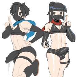 Rule 34 | 2boys, black choker, black eyes, black hair, black shorts, black socks, blue scarf, bulge, chest cutout, choker, ear piercing, elbow gloves, erection, erection under clothes, gloves, hand gesture, hand on own hip, highres, holding, holding nunchaku, holding weapon, kuji-in, mask, mc tamago, mouth mask, multiple boys, navel, ninja, ninja mask, nunchaku, original, penis, piercing, ponytail, precum, precum string, precum through clothes, red scarf, revealing clothes, sandals, scarf, shorts, simple background, sketch, socks, testicles, trap, weapon, white background, yaoi