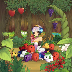 Rule 34 | 1girl, apple, bad id, bad pixiv id, brown eyes, choker, dress, eating, food, fruit, grapes, gwendolyn (odin sphere), highres, momoyama nozomu, odin sphere, solo, strapless, strapless dress, white hair