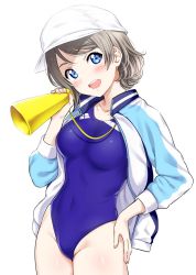 Rule 34 | 1girl, blue eyes, blue one-piece swimsuit, blush, breasts, competition swimsuit, fingernails, from side, grey hair, hair between eyes, hand on own hip, hat, head tilt, jacket, long fingernails, looking at viewer, love live!, love live! sunshine!!, medium breasts, one-piece swimsuit, open mouth, sankuro (agoitei), school swimsuit, short hair, simple background, solo, swept bangs, swimsuit, swimsuit under clothes, thighs, watanabe you, white background, white hat