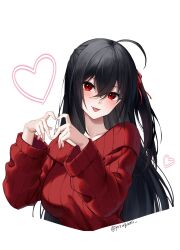 Rule 34 | :p, ahoge, azur lane, black hair, blush, cropped torso, crossed bangs, hair ribbon, hands up, heart, heart hands, highres, long hair, long sleeves, looking at viewer, one side up, red eyes, red ribbon, red sweater, ribbon, simple background, sweater, taihou (azur lane), tongue, tongue out, twitter username, white background, yorugami rei