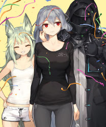 Rule 34 | 1boy, 2girls, ^ ^, animal ear fluff, animal ears, arknights, asicah, bare arms, bare shoulders, black gloves, black jacket, black shirt, blush, breasts, camisole, cheek pull, closed eyes, confetti, doctor (arknights), fork, gloves, grani (arknights), green hair, grey hair, grey pants, grey shirt, grin, hair between eyes, hand on own hip, holding, holding fork, hood, hood up, hooded jacket, jacket, large breasts, long hair, long sleeves, multiple girls, pants, parted lips, pointing, red eyes, revision, shirt, short shorts, shorts, simple background, skadi (arknights), smile, streamers, tail, thumbs up, very long hair, white camisole, white shorts, yellow background