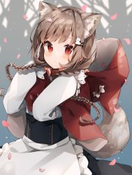 Rule 34 | 1girl, animal ear fluff, animal ears, apron, black dress, blush, bow, braid, brown hair, capelet, closed mouth, collar, commentary request, corset, dress, frilled apron, frills, hair ornament, hands up, heripiro, highres, hood, hood down, hooded capelet, long hair, long sleeves, looking at viewer, original, penguin hair ornament, petals, puffy long sleeves, puffy sleeves, red capelet, red collar, red eyes, shirt, solo, tail, twin braids, white apron, white bow, white shirt