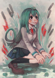 Rule 34 | 10s, 1girl, :p, animal, animal on head, artist name, asui tsuyu, black eyes, black skirt, black socks, blazer, boku no hero academia, breasts, buttons, closed mouth, collared shirt, drawkill, eyelashes, frog, full body, green hair, grey jacket, hair rings, jacket, kneehighs, loafers, long hair, long sleeves, looking afar, miniskirt, necktie, no pupils, on head, pleated skirt, purple footwear, red necktie, shirt, shoes, skirt, smile, socks, solo, squatting, tongue, tongue out, very long hair, white shirt, wing collar
