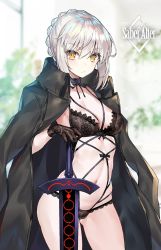 Rule 34 | 1girl, artoria pendragon (all), artoria pendragon (fate), black bra, black coat, black gloves, black panties, blush, bra, breasts, character name, cleavage, closed mouth, coat, ero waifu, excalibur morgan (fate), fate/stay night, fate (series), gloves, jacket, jacket on shoulders, lace, lace-trimmed bra, lace-trimmed panties, lace trim, long hair, looking at viewer, medium breasts, navel, pale skin, panties, saber alter, sidelocks, silver hair, solo, sword, thighs, underwear, weapon, yellow eyes