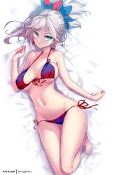 Rule 34 | 1girl, bare legs, bare shoulders, barefoot, bed sheet, bikini, blue eyes, blush, breasts, commentary request, earrings, fate/grand order, fate (series), front-tie bikini top, front-tie top, groin, hair ornament, hong (white spider), jewelry, large breasts, long hair, looking at viewer, miyamoto musashi (fate), navel, parted lips, ponytail, purple bikini, side-tie bikini bottom, sidelocks, silver hair, solo, swimsuit