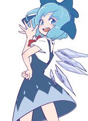 Rule 34 | 1girl, blue bow, blue dress, blue eyes, blue hair, bow, cirno, cowboy shot, dress, from behind, hair bow, hand on own hip, highres, ice, ice wings, kawayabug, looking at viewer, looking back, medium hair, open mouth, red bow, short sleeves, simple background, smile, solo, touhou, waving, wavy mouth, white background, wings