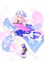 Rule 34 | 1girl, absurdres, bug, butterfly, hand fan, female focus, folding fan, ghost, hat, highres, bug, japanese clothes, long hair, petals, pink hair, red eyes, saigyouji yuyuko, solo, touhou, yu only tea gardens
