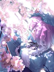 Rule 34 | 1girl, absurdres, arm garter, black ribbon, blue hat, blue kimono, blush, branch, cherry blossoms, closed eyes, closed mouth, commentary, facing to the side, frilled sleeves, frills, from side, gurumegu, hat, highres, japanese clothes, kimono, long sleeves, medium hair, mob cap, neck ribbon, pink hair, ribbon, saigyouji yuyuko, solo, touhou, triangular headpiece, upper body, wide sleeves