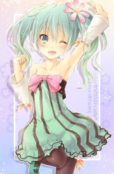 Rule 34 | 1girl, arm up, armpits, colorful x melody (vocaloid), detached sleeves, dress, flower, green eyes, green hair, hair flower, hair ornament, hatsune miku, mary janes, matching hair/eyes, natsumi yuu, one eye closed, open mouth, project diva, project diva (series), project diva 2nd, shoes, solo, strapless, strapless dress, thighhighs, twintails, vocaloid, wink