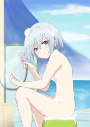 Rule 34 | &gt;:(, 10s, 1girl, bath stool, blue eyes, blue hair, blue sky, blush, convenient censoring, day, feet out of frame, flat chest, from side, gobanme no mayoi neko, highres, holding, horizon, looking at viewer, looking to the side, nude, ocean, ryuuou no oshigoto!, shiny skin, short hair, shower head, sky, soap bubbles, soap censor, solo, sora ginko, stool, sweatdrop, v-shaped eyebrows, water