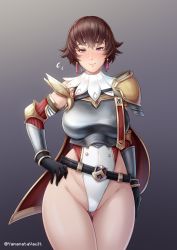 Rule 34 | 1girl, armor, bare legs, belt, blush, boobplate, breastplate, breasts, brown hair, cameltoe, cape, earrings, fiorayne (monster hunter), gauntlets, gluteal fold, hand on own hip, highleg, highleg leotard, highres, jewelry, large breasts, leotard, looking at viewer, loose belt, monster hunter (series), monster hunter rise, pauldrons, purple eyes, short hair, shoulder armor, single pauldron, solo, thigh gap, thighs, white leotard, yamanata
