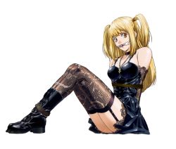 Rule 34 | 00s, 1girl, amane misa, bdsm, blonde hair, bondage, boots, bound, choker, cross, death note, gag, gagged, garter belt, garter straps, goth fashion, jewelry, looking at viewer, mall goth, necklace, non-web source, obata takeshi, rope, simple background, solo, thighhighs, third-party edit, white background