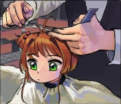 Rule 34 | antenna hair, brown hair, cardcaptor sakura, child, closed mouth, comb, cutting hair, green eyes, kinomoto sakura, meme, monkey haircut (meme), ohbunti, scissors