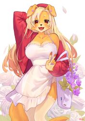 Rule 34 | 1girl, animal ears, animal nose, arm behind head, bag, blonde hair, borrowed character, breasts, cardigan, cleavage, commentary, dog ears, dog girl, dog tail, dress, droopy ears, english commentary, etivka, floral background, flower, furry, furry female, handbag, hat, highres, large breasts, long hair, looking at viewer, open cardigan, open clothes, open mouth, original, pawpads, purple nails, red cardigan, red eyes, red hat, rose, solo, tail, thighhighs, v, violet (flower), white background, white dress, white flower, white rose, white thighhighs