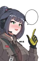 Rule 34 | 1girl, animal ears, arknights, bad id, bad pixiv id, blank speech bubble, blue hair, blush, cat ears, commentary, drunk, english commentary, gloves, green eyes, headset, highres, id card, jacket, jessica (arknights), open mouth, ras (zzdn3588), solo, speech bubble, template