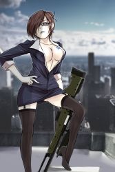 Rule 34 | 1girl, ai arctic warfare, bolt action, breasts, brown eyes, brown hair, butterfly tattoo, choi ji yoon, counter-strike, counter-strike (series), counter-strike online, garter straps, glasses, gun, highres, large breasts, looking at viewer, md5 mismatch, r.stars, rifle, sniper rifle, solo, tattoo, thighhighs, weapon