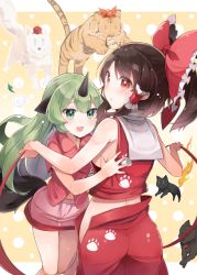Rule 34 | 2girls, :d, ass, bare arms, bare shoulders, black hair, blush, border, bow, brooch, cat, commentary request, cowboy shot, frilled bow, frills, from behind, green eyes, green hair, hair bow, hair ornament, hair tubes, hakurei reimu, hat, horns, imaizumi kagerou (wolf), inubashiri momiji, inubashiri momiji (wolf), jewelry, kaenbyou rin, kaenbyou rin (cat), komano aunn, long hair, looking at viewer, looking back, midriff, midriff peek, miniskirt, multiple girls, navel, open mouth, outside border, paw print, pink skirt, ponytail, red bow, red eyes, red ribbon, red shirt, red skirt, ribbon, shin (new), shirt, sidelocks, single horn, skirt, sleeveless, sleeveless shirt, smile, standing, thighs, tiger, tokin hat, toramaru shou, toramaru shou (tiger), touhou, very long hair, white border, wily beast and weakest creature, wolf, yellow background
