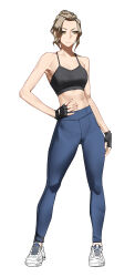 Rule 34 | 1girl, absurdres, bare shoulders, black gloves, black tank top, blue leggings, brown hair, closed mouth, commentary, crop top, cross-laced footwear, fingerless gloves, full body, gloves, hand on own hip, highres, leggings, original, shoes, short hair, simple background, solo, standing, tank top, tbocart, white background, white footwear, yellow eyes