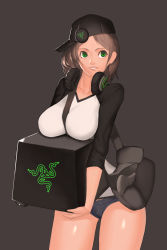 Rule 34 | 1girl, absurdres, bad id, bad pixiv id, baseball cap, breast rest, breasts, brown hair, female focus, green eyes, hat, headphones, highres, huge breasts, imperialred, large breasts, long hair, product placement, razer, short shorts, shorts, smile, solo, thighs