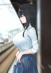 Rule 34 | bag, black hair, blouse, blurry, blurry background, blush, breasts, brown eyes, collared shirt, highres, holding, holding bag, kinokkoooo, large breasts, long hair, original, pleated skirt, school uniform, shirt, shirt tucked in, skirt, solo, standing, tented shirt, train station, white shirt