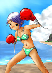 Rule 34 | beach, bikini, boxing, boxing gloves, purple hair, swimsuit, tagme, tan