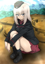 Rule 34 | 1girl, ankle boots, black footwear, black hat, black jacket, black socks, blue eyes, blue sky, blurry, blurry background, boots, cloud, cloudy sky, commentary request, day, depth of field, dress shirt, emblem, forest, garrison cap, girls und panzer, hat, highres, hugging own legs, itsumi erika, jacket, kuromorimine military uniform, legs, light particles, long hair, long sleeves, looking at viewer, military, military hat, military uniform, military vehicle, miniskirt, motor vehicle, mountain, nakahira guy, nature, on vehicle, parted lips, partial commentary, pleated skirt, red shirt, red skirt, shirt, silver hair, skirt, sky, socks, solo, squatting, tank, thighs, uniform