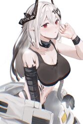 Rule 34 | 1girl, 44ou, absurdres, arknights, black collar, black hair, black horns, black sports bra, blush, breasts, cleavage, collar, commentary request, demon girl, demon horns, fingernails, gradient hair, grey hair, hair ornament, highres, horns, infection monitor (arknights), jumpsuit, jumpsuit around waist, large breasts, looking at viewer, material growth, mudrock (arknights), mudrock (elite ii) (arknights), multicolored hair, navel, open mouth, oripathy lesion (arknights), pointy ears, red eyes, simple background, solo, sports bra, stomach, sweat, white background, white jumpsuit