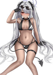 Rule 34 | 1girl, absurdres, asahina tou, bikini, black bikini, black choker, black gloves, black ribbon, blue archive, blue sky, breasts, choker, clenched teeth, collarbone, dark-skinned female, dark skin, demon horns, demon tail, eyewear on head, gloves, hair over one eye, halo, hand up, highres, horns, invisible chair, iori (blue archive), iori (swimsuit) (blue archive), long hair, looking at viewer, multi-strapped bikini bottom, navel, parted lips, pointy ears, red eyes, ribbon, side-tie bikini bottom, silver hair, sitting, sky, small breasts, solo, sunglasses, swimsuit, tail, teeth, thigh strap, twintails, wet, white background