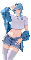 Rule 34 | 1girl, absurdres, alternate costume, arm up, bangle, blue hair, blue jacket, blue shorts, bracelet, casual, closed mouth, cowboy shot, crop top, crop top overhang, denim, denim shorts, eula (genshin impact), genshin impact, hairband, highres, jacket, jewelry, long sleeves, looking at viewer, medium hair, midriff, navel, necklace, nvl, off shoulder, open clothes, open jacket, shirt, short shorts, short sleeves, shorts, simple background, skindentation, solo, standing, stomach, thighhighs, thighs, white background, white shirt, white thighhighs, yellow eyes