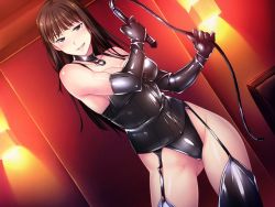 Rule 34 | 1girl, bdsm, black eyes, black gloves, black thighhighs, bondage, bondage outfit, boots, bound, breasts, brown hair, bubuzuke, dominatrix, elbow gloves, eyebrows hidden by hair, femdom, game cg, gloves, holding, holding whip, long hair, looking at viewer, relaxation yuka m, saki (relaxation yuka m), smile, solo, thigh boots, thighhighs, whip