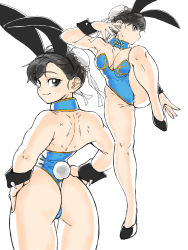 Rule 34 | 1girl, absurdres, adapted costume, animal ears, ass, backless leotard, bare legs, black eyes, black footwear, blue leotard, breasts, bun cover, capcom, chun-li, cuffs, detached collar, double bun, fake animal ears, from behind, hair bun, hand up, hands on own hips, highleg, highleg leotard, highres, large breasts, leg up, leotard, looking at viewer, looking back, multiple views, playboy bunny, profile, rabbit ears, rabbit tail, simple background, smile, street fighter, tail, thong leotard, toshinoshin, white background