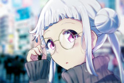 Rule 34 | 1girl, :o, absurdres, adjusting eyewear, adjusting glasses, arashi chisato, artist name, artist request, blurry, blurry background, blush, breasts, close-up, double bun, female focus, glasses, hair bun, hair tie, highres, long hair, looking at viewer, love live!, love live! superstar!!, nail, nail polish, outdoors, parted lips, pink nails, pink nails, red eyes, smile, solo, sweater, upper body, white hair