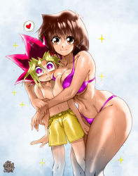Rule 34 | 1boy, 1girl, bare shoulders, bikini, blonde hair, blue background, breasts, brown eyes, brown hair, closed mouth, collarbone, cowboy shot, curvy, embarrassed, gradient background, heart, hug, large breasts, lips, looking at viewer, male swimwear, matching hair/eyes, mazaki anzu, medium hair, multicolored hair, muto yugi, navel, pink bikini, pink eyes, red hair, shiny skin, size difference, smile, speech bubble, spoken heart, standing, swim trunks, swimsuit, the golden smurf, two-tone hair, wavy mouth, wet, wide hips, yellow male swimwear, yellow swim trunks, yu-gi-oh!, yu-gi-oh! duel monsters