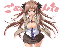 Rule 34 | 1girl, anna (mirai nostalgia), begging, between breasts, black ribbon, breasts squeezed together, breasts, brown hair, cleavage, hair ribbon, jewelry, koku, large breasts, long hair, mirai nostalgia, necklace, open clothes, open mouth, purple eyes, ribbon, skirt, solo, translated, twintails, very long hair