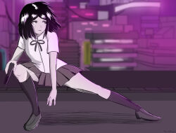 Rule 34 | 1girl, black bow, black hair, black ribbon, bow, bowtie, brown footwear, brown skirt, building, calf socks, city, city lights, cityscape, danganronpa: trigger happy havoc, danganronpa (series), freckles, from behind, full body, grey hair, gun, holding, holding gun, holding pistol, holding weapon, ikusaba mukuro, leaning to the side, looking to the side, neck ribbon, outstretched leg, parted bangs, parted hair, pink background, pleated skirt, ribbon, school uniform, shirt, short sleeves, skirt, soisauci, standing, turning head, weapon, white shirt