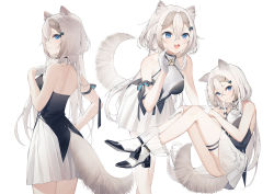 Rule 34 | 1girl, :3, :d, animal ear fluff, animal ears, bare shoulders, blue eyes, breasts, closed mouth, commentary, dress, fang, gloves, grey hair, hair between eyes, hair ornament, hairclip, half gloves, looking at viewer, medium breasts, multicolored hair, multiple views, open mouth, original, parted lips, philomelalilium, pleated dress, short eyebrows, simple background, sleeveless, sleeveless dress, smile, tail, thick eyebrows, two-tone hair, white background, white dress, white gloves, white hair