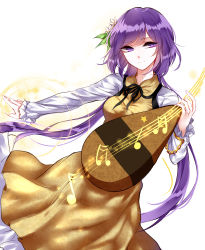 Rule 34 | 1girl, bad id, bad pixiv id, biwa lute, black ribbon, breasts, brown dress, closed mouth, dress, flower, hair flower, hair ornament, highres, instrument, long hair, long sleeves, looking at viewer, low twintails, lute (instrument), medium breasts, music, neck ribbon, purple eyes, purple hair, ribbon, sheya, smile, solo, touhou, tsukumo benben, twintails