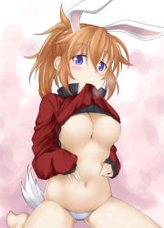 Rule 34 | 1girl, animal ears, bare legs, blue eyes, blush, breasts, brown hair, charlotte e. yeager, cleavage, clothes lift, heavy breathing, kuronyan, long hair, looking at viewer, medium breasts, mouth hold, navel, panties, ponytail, rabbit ears, rabbit girl, rabbit tail, shirt lift, sitting, solo, strike witches, tail, underboob, underwear, wariza, white panties, world witches series