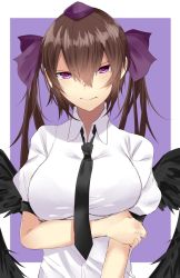 Rule 34 | 1girl, bird wings, black necktie, black wings, breast hold, breasts, brown hair, closed mouth, collared shirt, feathered wings, furrowed brow, hat, highres, himekaidou hatate, large breasts, looking at viewer, necktie, onineko-chan, puffy short sleeves, puffy sleeves, purple eyes, purple ribbon, ribbon, shirt, short sleeves, solo, tokin hat, touhou, twintails, white shirt, wings