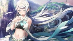 Rule 34 | 1girl, arm behind back, blue eyes, blue ribbon, breasts, cliff, crop top, day, floating hair, game cg, groin, half-closed eyes, highres, kamisama no you na kimi e, kantoku, long hair, medium breasts, midriff, navel, official art, open mouth, outdoors, ribbon, silver hair, solo, standing, stomach, swept bangs, upper body, very long hair, wind, wrist cuffs