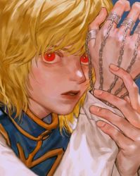 Rule 34 | 1boy, arm up, bad id, bad twitter id, blonde hair, blue background, chain, commentary, hunter x hunter, jewelry, kurapika, lips, long sleeves, looking at viewer, male focus, parted lips, red eyes, ring, short hair, simple background, solo, tabard, umi (k mpk)
