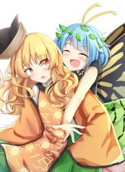 Rule 34 | 2girls, :d, :o, antennae, bare arms, behind another, bent over, blonde hair, blue hair, blush, butterfly wings, chinese commentary, closed eyes, commentary request, constellation print, cowboy shot, eternity larva, green skirt, hat loss, highres, imminent hug, insect wings, leaf, leaf on head, long hair, long sleeves, looking at another, looking back, matara okina, multiple girls, open mouth, orange eyes, outstretched arms, pleated skirt, short hair, simple background, skirt, sleeves past fingers, sleeves past wrists, smile, tabard, touhou, white background, wide sleeves, wings, yu cha