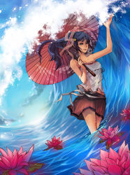 Rule 34 | 1girl, bow, cloud, day, facing viewer, female focus, green eyes, long hair, looking at viewer, miniskirt, outdoors, pleated skirt, purple hair, red skirt, shirt, skirt, sky, solo, strapless, strapless shirt, umbrella, unodu, wading, water lily flower, waves, white shirt