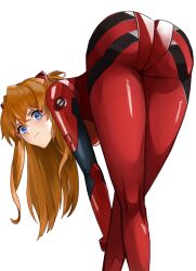 Rule 34 | 1girl, artist request, ass, ass focus, blue eyes, bodysuit, brown hair, butt crack, from behind, hair ornament, highres, huge ass, long hair, looking at viewer, looking back, neon genesis evangelion, pilot suit, plugsuit, red bodysuit, shiny clothes, skin tight, smile, solo, souryuu asuka langley, thigh gap, thighs, top-down bottom-up, two side up, very long hair
