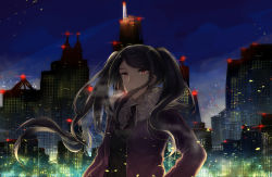 Rule 34 | 1girl, artist request, cigarette, city, city lights, cityscape, commentary request, cyberpunk, highres, jill stingray, night, night sky, purple hair, red eyes, sky, smoking, solo, twintails, va-11 hall-a