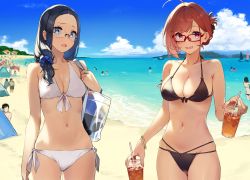 Rule 34 | 2girls, 92m, :d, absurdres, ahoge, bag, beach, bikini, black bikini, blue sky, bracelet, breasts, cloud, commentary request, crowd, cup, dateko (92m), day, drink, drinking straw, folded ponytail, front-tie bikini top, front-tie top, glasses, highres, holding, holding bag, holding cup, house, jewelry, kinshi no ane (92m), looking at viewer, medium breasts, midriff, multi-strapped bikini, multiple girls, navel, ocean, open mouth, original, outdoors, ponytail, red-framed eyewear, red eyes, red hair, sand, scrunchie, short hair, side ponytail, sky, smile, solo focus, string bikini, swimsuit, tent, tree, vegetation, white bikini