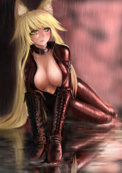 Rule 34 | 1girl, animal ears, bad id, bad pixiv id, blonde hair, blush, bodysuit, bondage mittens, boots, breasts, cleavage, cleavage cutout, clothing cutout, collar, female focus, fox ears, green eyes, highres, large breasts, leaning forward, long hair, looking at viewer, original, rain, ru03s06, sitting, solo, very long hair, yellow eyes