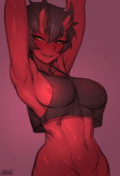 Rule 34 | 1girl, areola slip, armpits, arms up, black hair, blush, bottomless, breasts, colored skin, crop top, crop top overhang, fang, fang out, grin, hands up, horns, kidouko (zakusi), looking at viewer, navel, oni, oni horns, original, out-of-frame censoring, purple background, red oni, red skin, short hair, sideboob, signature, simple background, slit pupils, smile, solo, tank top, zakusi